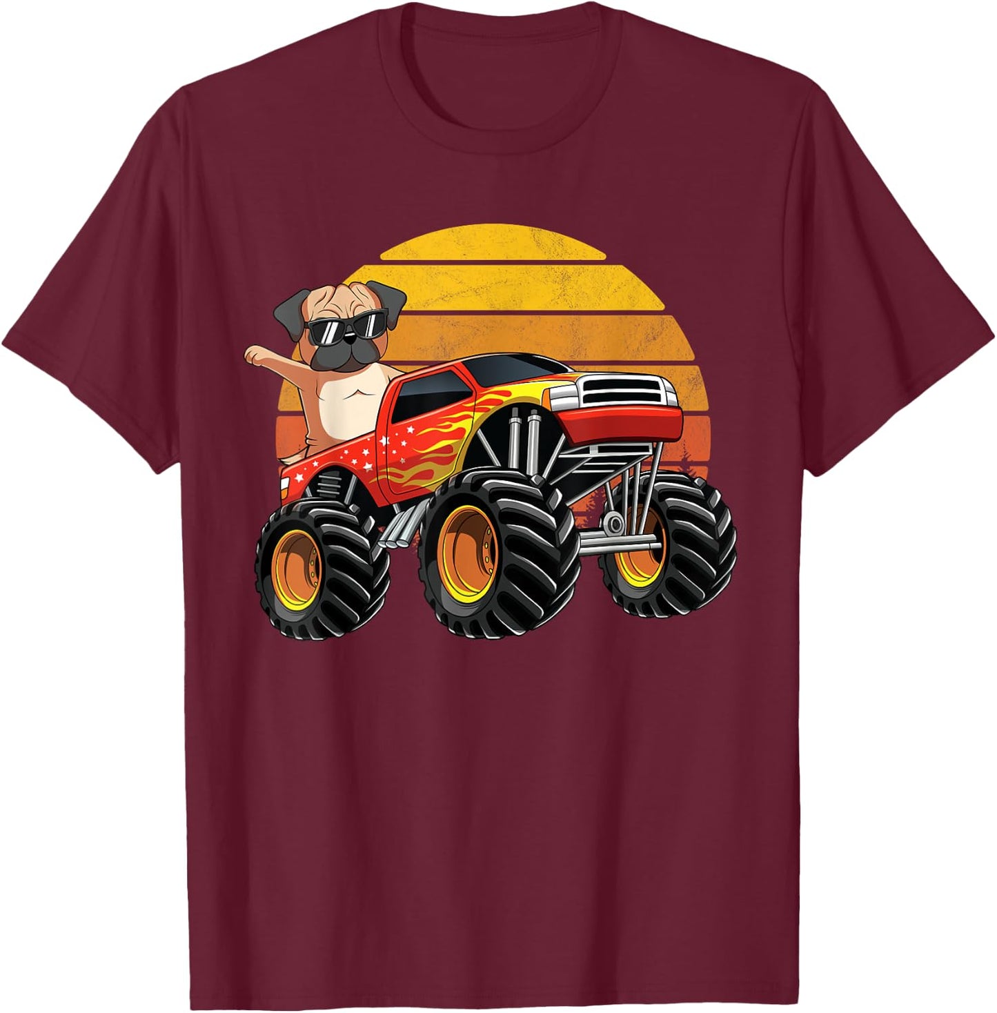 Vintage Monster Truck Pug Dog Retro Sunset Boys T-Shirt - T-Shirt | Maroon