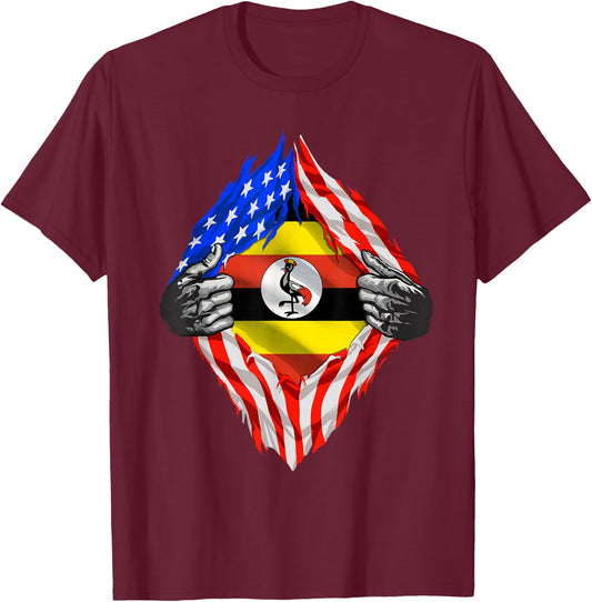 Super Ugandan Heritage Uganda Roots USA Flag T-Shirt - T-Shirt | Maroon
