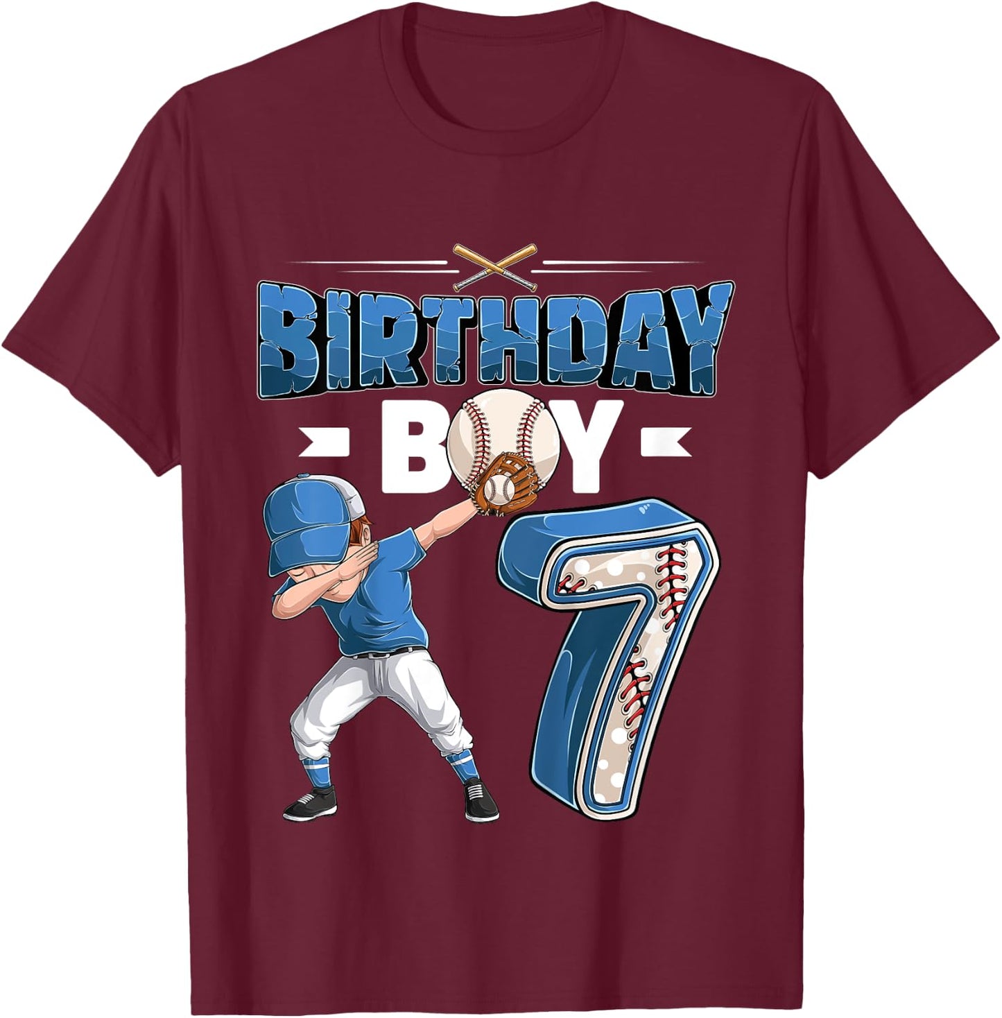 Kids dabbing boy 7 year old Baseball Player 7th birthday party T-Shirt - T-Shirt | Maroon