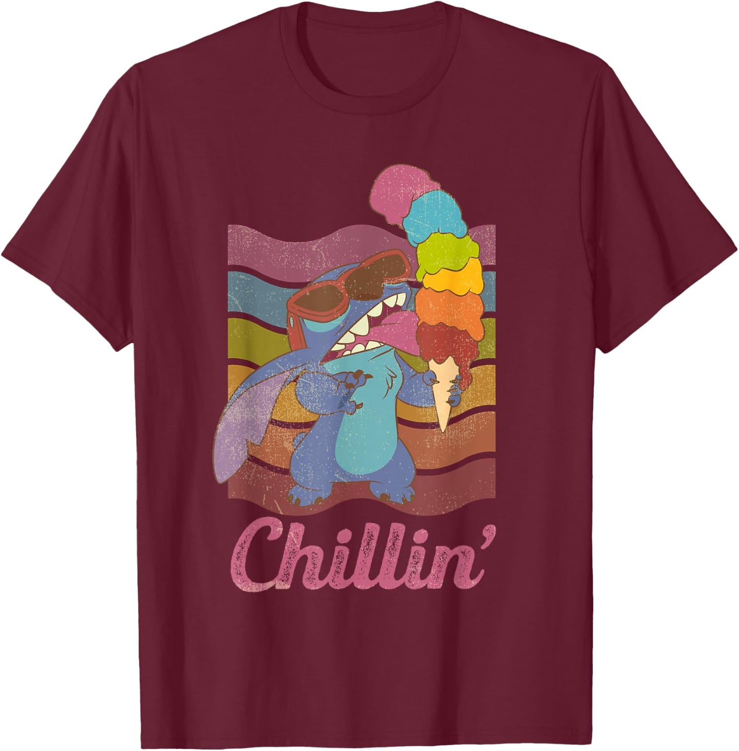 Disney Rainbow Stitch Ice Cream Chillin' T-Shirt - T-Shirt | Maroon