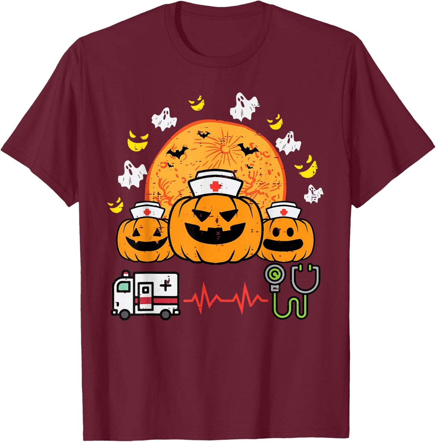 Halloween Pumpkin Nurses Paramedic Costume Scrub Top Women T-Shirt - T-Shirt | Maroon