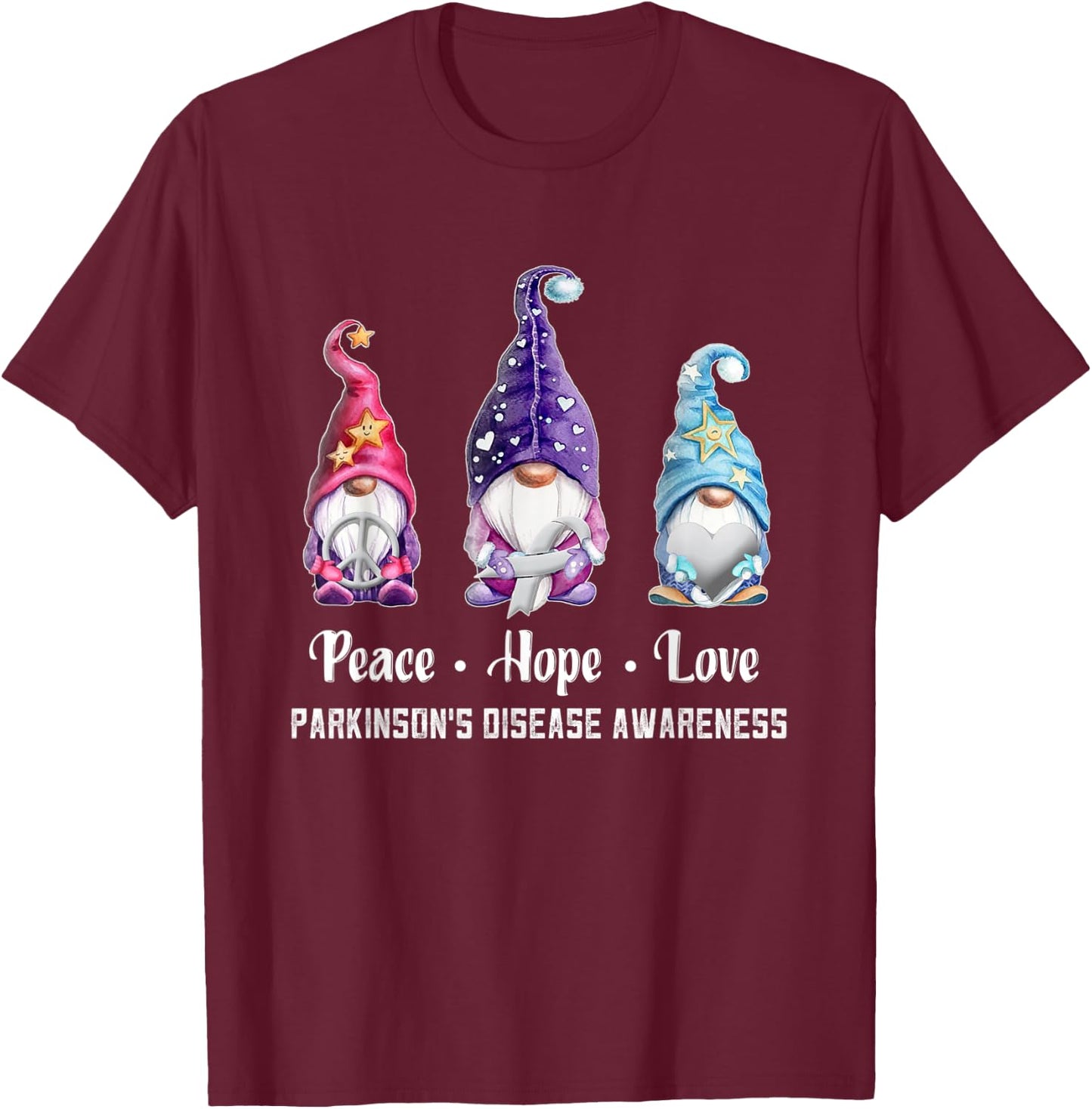 Peace Hope Love Gnomes Parkinson's Disease Awareness T-Shirt - T-Shirt | Maroon