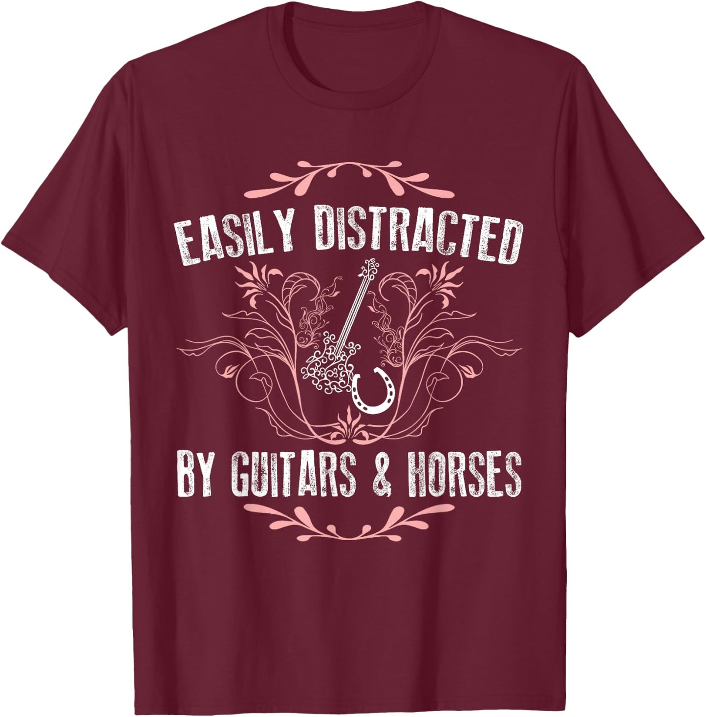 Easily Distracted By Guitars & Horses Riding Outfit T-Shirt - T-Shirt | Maroon