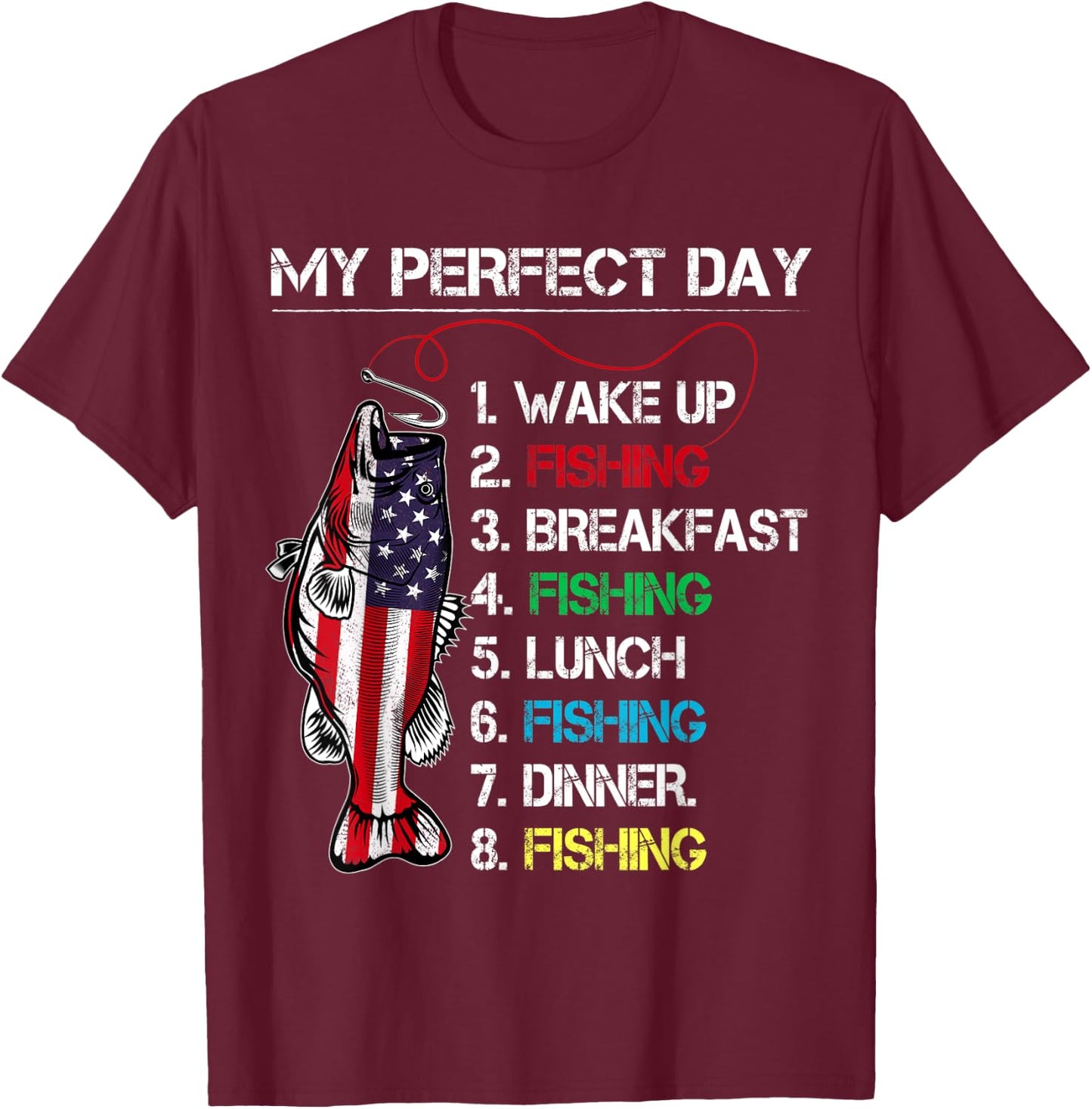 My Perfect Day Fishing Gift Fishermen American Flag Vintage T-Shirt - T-Shirt | Maroon