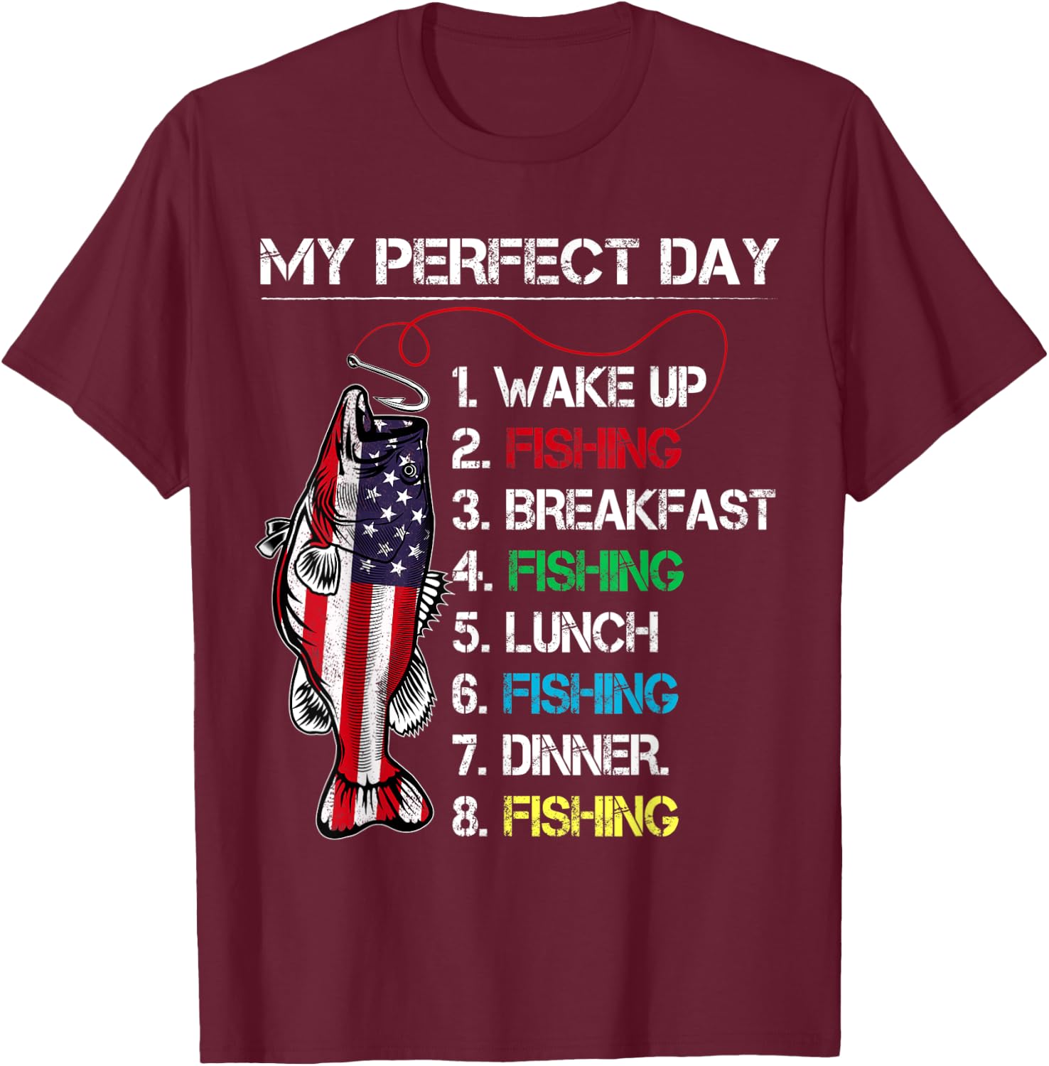 My Perfect Day Fishing Gift Fishermen American Flag Vintage T-Shirt - T-Shirt | Maroon