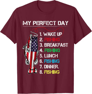 My Perfect Day Fishing Gift Fishermen American Flag Vintage T-Shirt - T-Shirt | Maroon