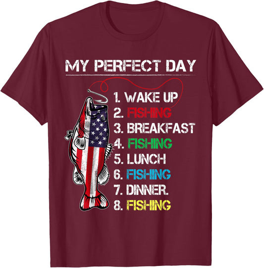 My Perfect Day Fishing Gift Fishermen American Flag Vintage T-Shirt - T-Shirt | Maroon