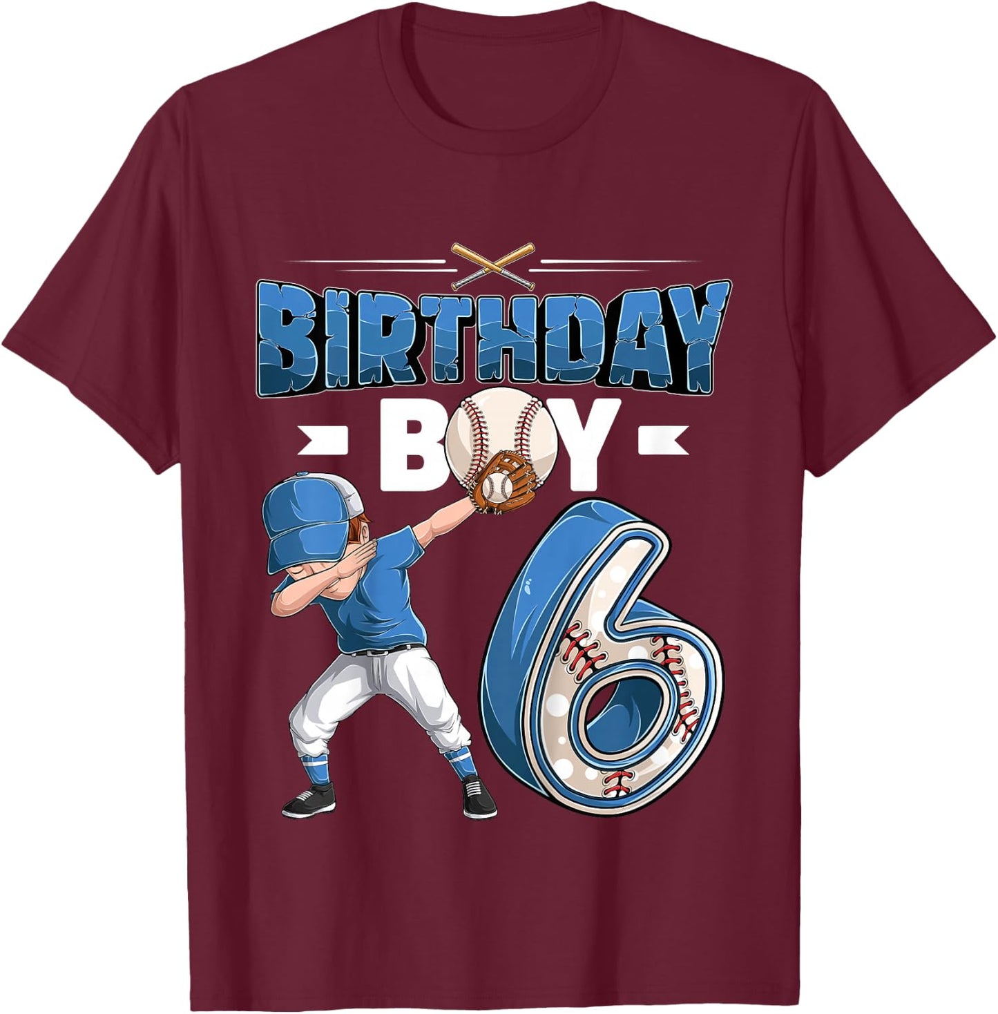 Kids Dabbing boy 6 Year Old Baseball Player 6th Birthday Party T-Shirt - T-Shirt | Maroon