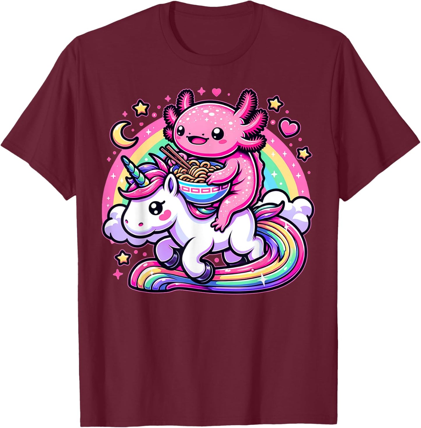 Anime Kawaii Axolotl Eating Ramen Noodles Kids Teen Girl Boy T-Shirt - T-Shirt | Maroon