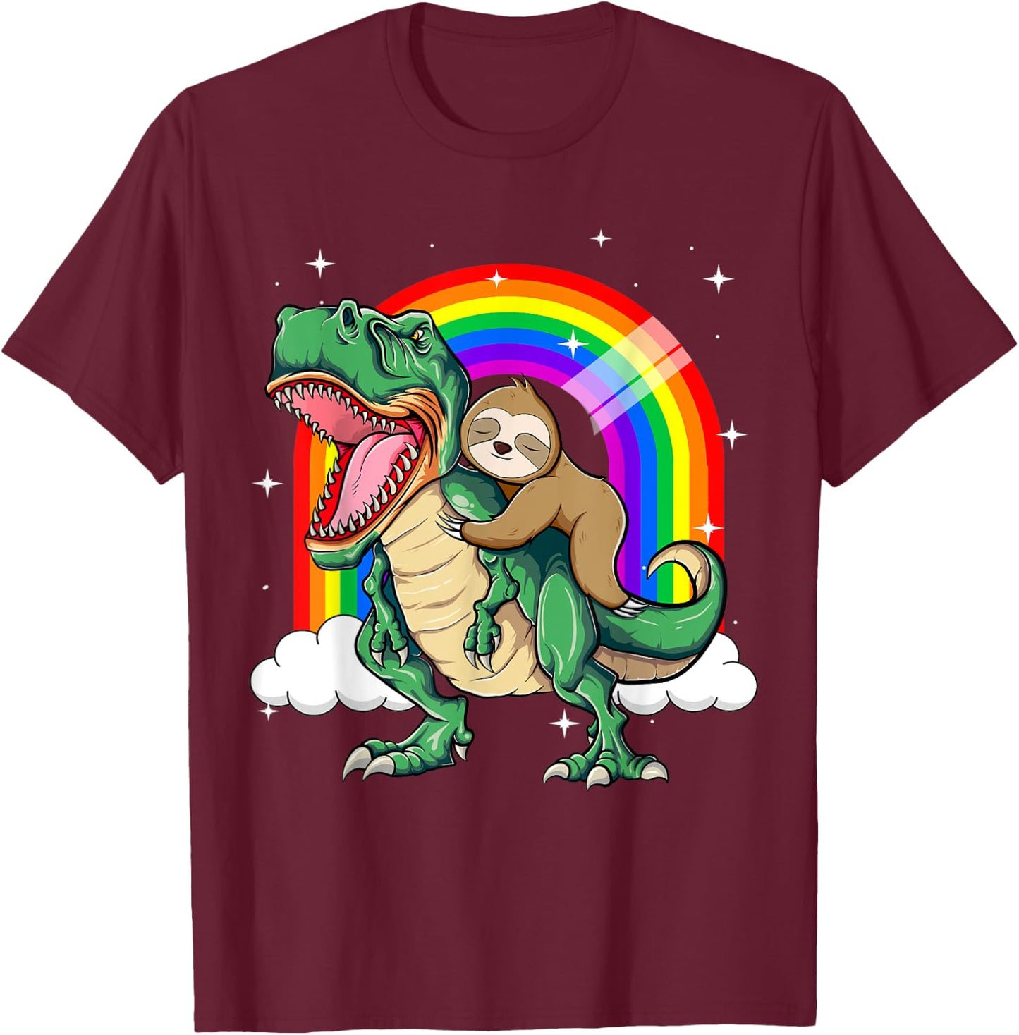 Funny Sloth Riding a T-Rex Dinosaur T-Shirt - T-Shirt | Maroon