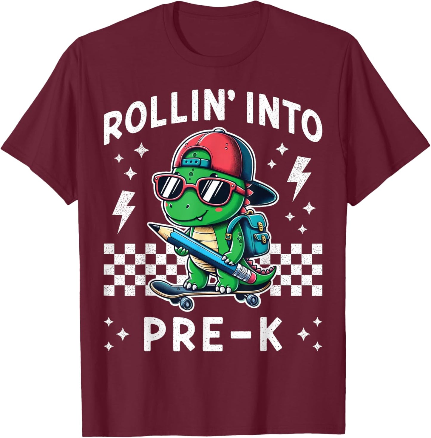 Rollin Into PreK Dinosaur Back to School I’m Ready for Pre K T-Shirt - T-Shirt | Maroon