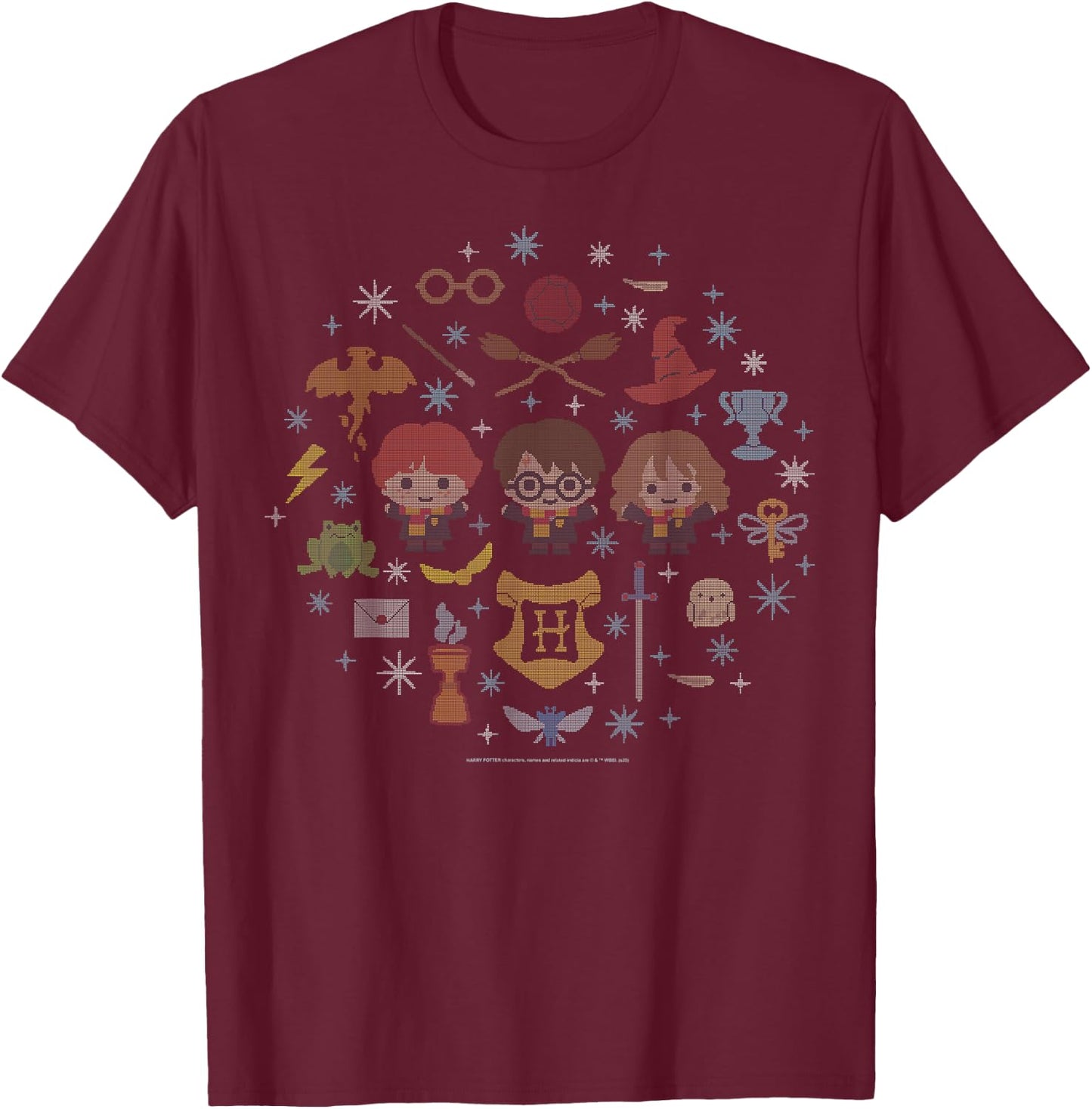 Harry Potter Christmas Group Shot Chibi Ugly Sweater T-Shirt - T-Shirt | Maroon