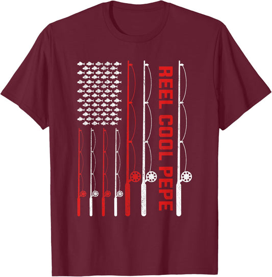 Reel Cool Pepe Father's Day Fishing American Flag Women Men T-Shirt - T-Shirt | Maroon