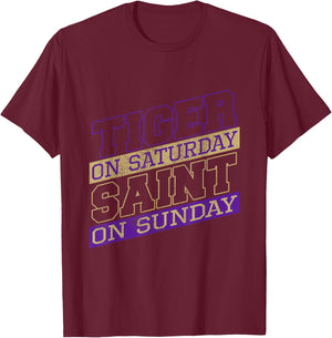 Funny Tiger On Saturday Saint On Sunday Feline Wild Tiger T-Shirt - T-Shirt | Maroon