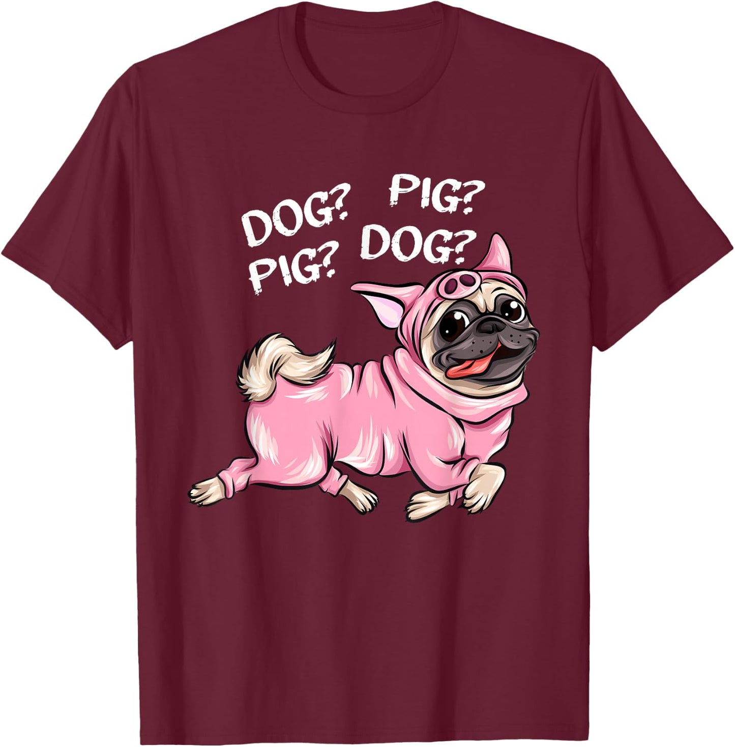 Cute Dog Pug Pig Apparel -Adults Black Dog Pig Pug Both Funny Connection of Animal Connected T-Shirt - T-Shirt | Maroon