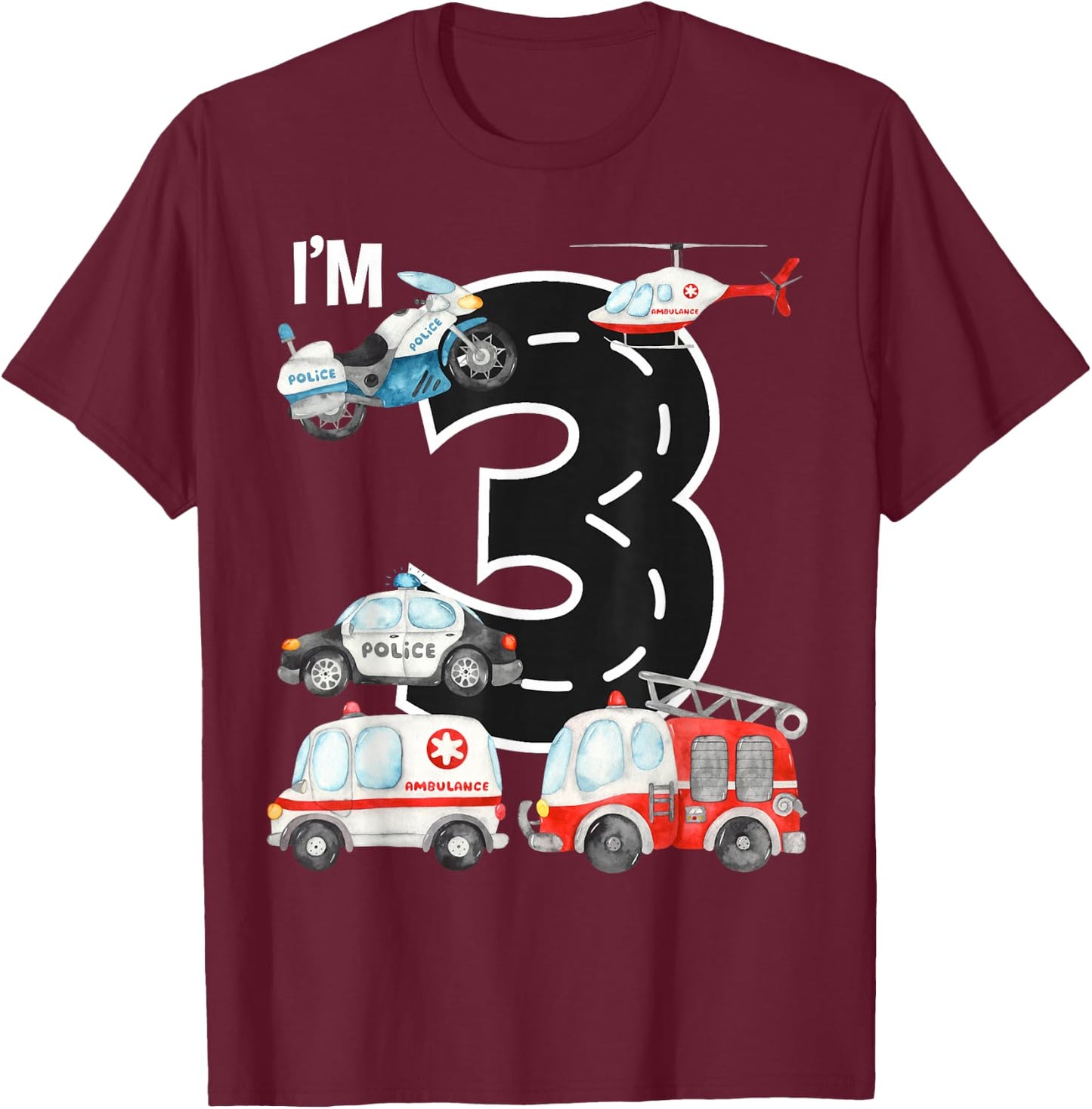 Emergency Vehicles 3rd Birthday Fire Truck Police Car Boys T-Shirt - T-Shirt | Maroon