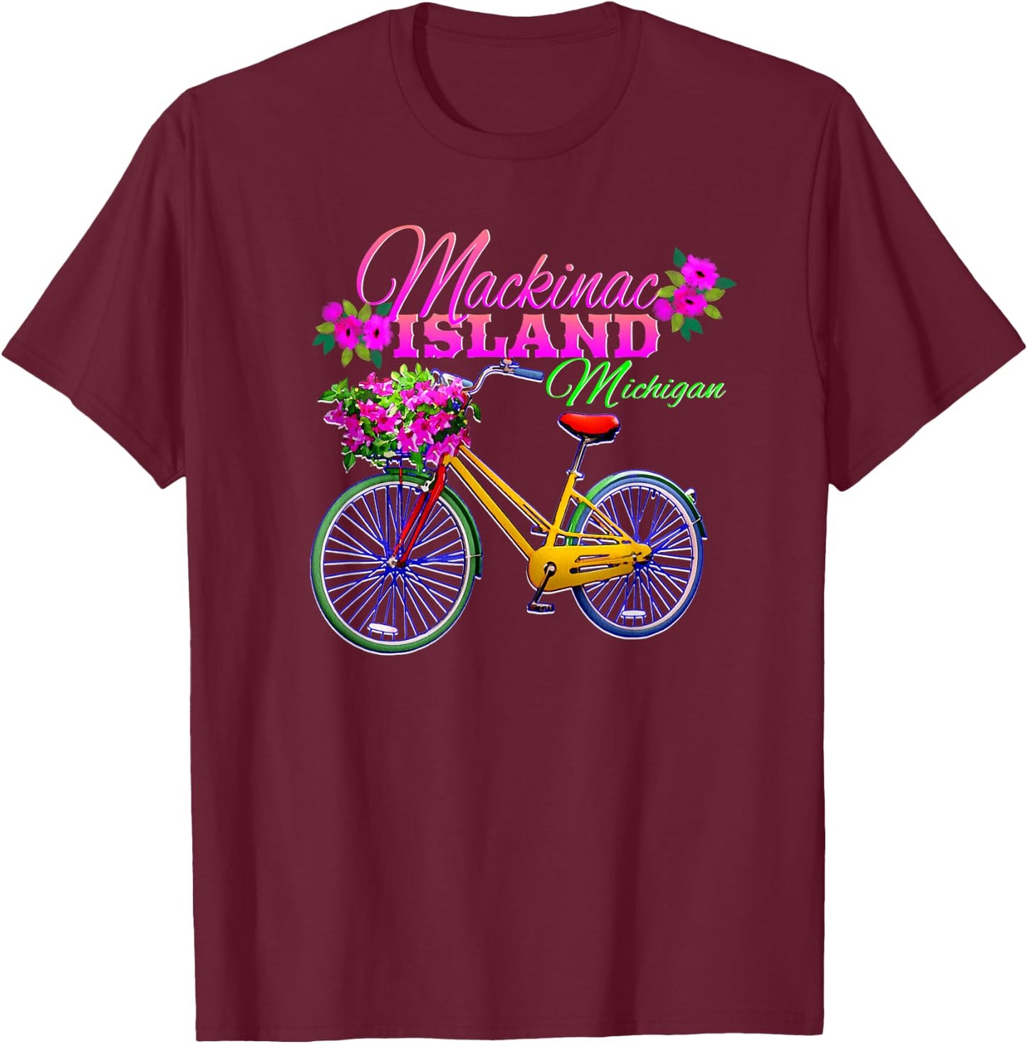 Mackinac Island Michigan Gift Vintage Bike Flowers T-Shirt - T-Shirt | Maroon