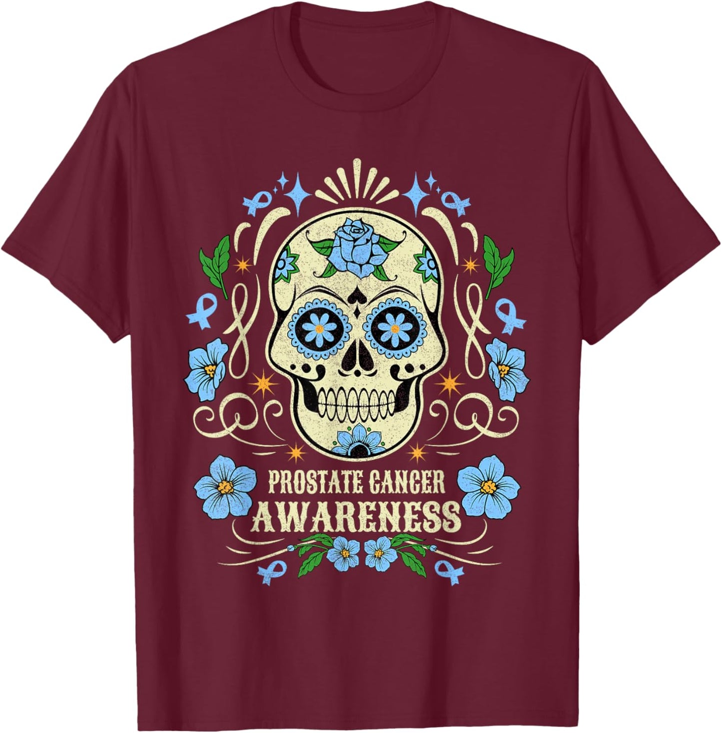 Skull Flower Prostate Cancer Awareness Retro Blue Ribbon T-Shirt - T-Shirt | Maroon