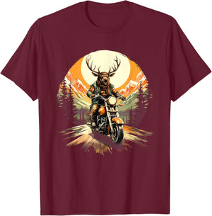 Biker Elk Riding Motorbike T-Shirt - T-Shirt | Maroon