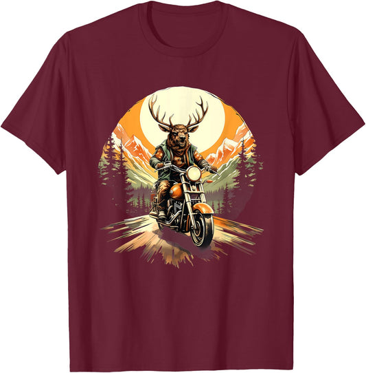 Biker Elk Riding Motorbike T-Shirt - T-Shirt | Maroon