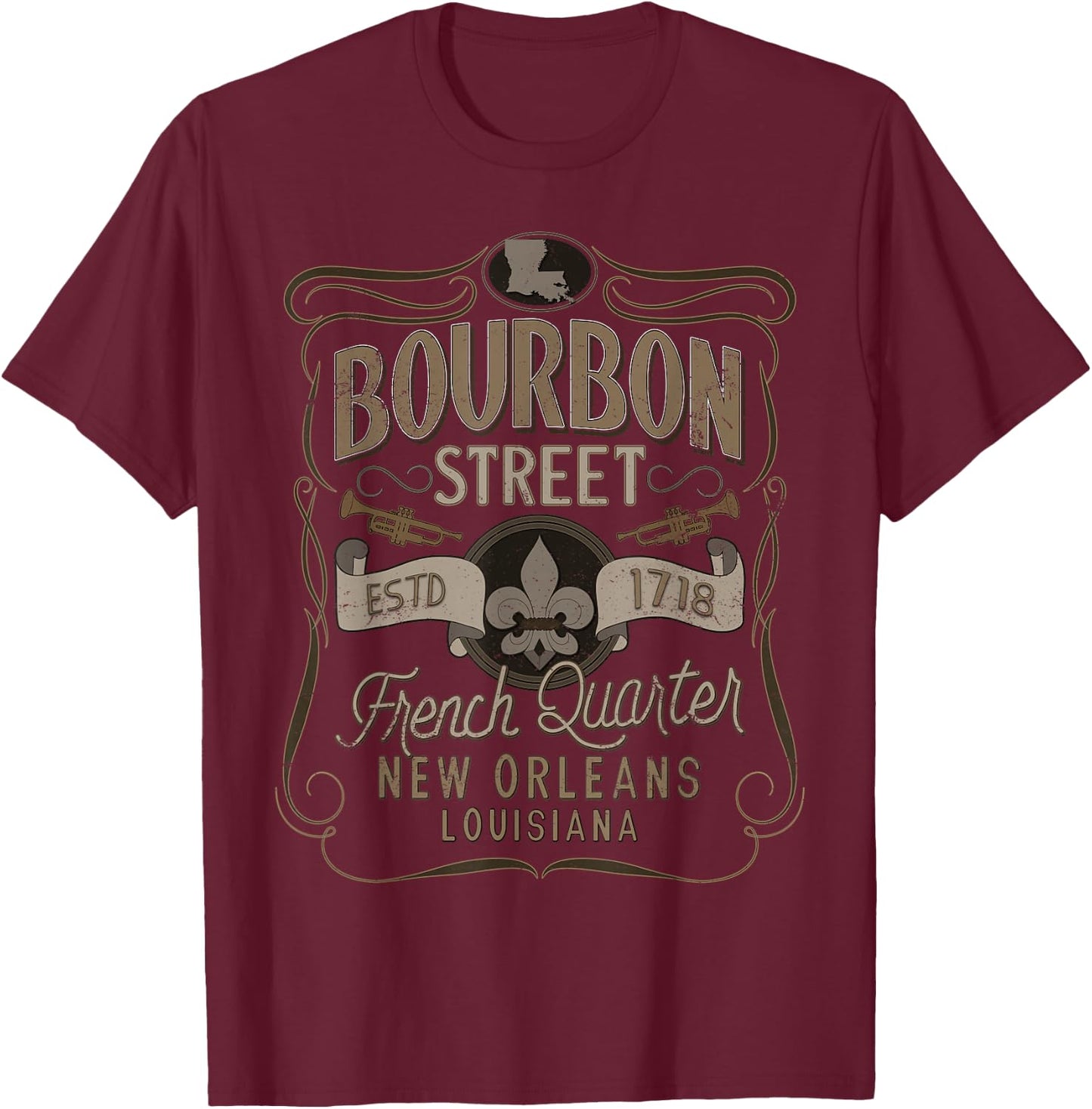 Bourbon Street French Quarter New Orleans Vintage Souvenir T-Shirt - T-Shirt | Maroon