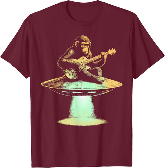 Monkey Playing Guitar On UFO Funny Guitarist Musician T-Shirt - T-Shirt | Maroon