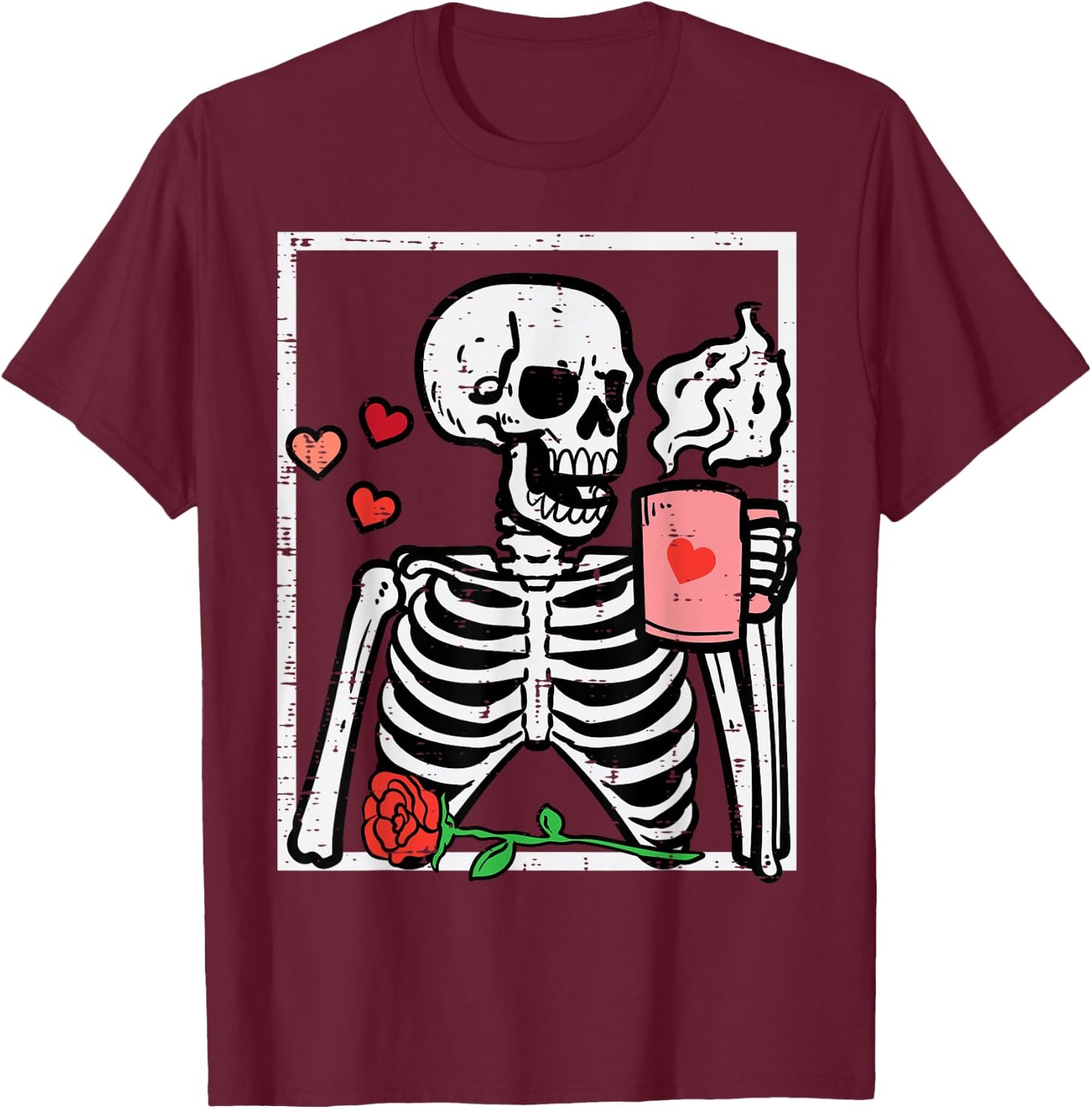 Anti Valentines Day Skeleton Coffee Funny Men Women Kids T-Shirt - T-Shirt | Maroon