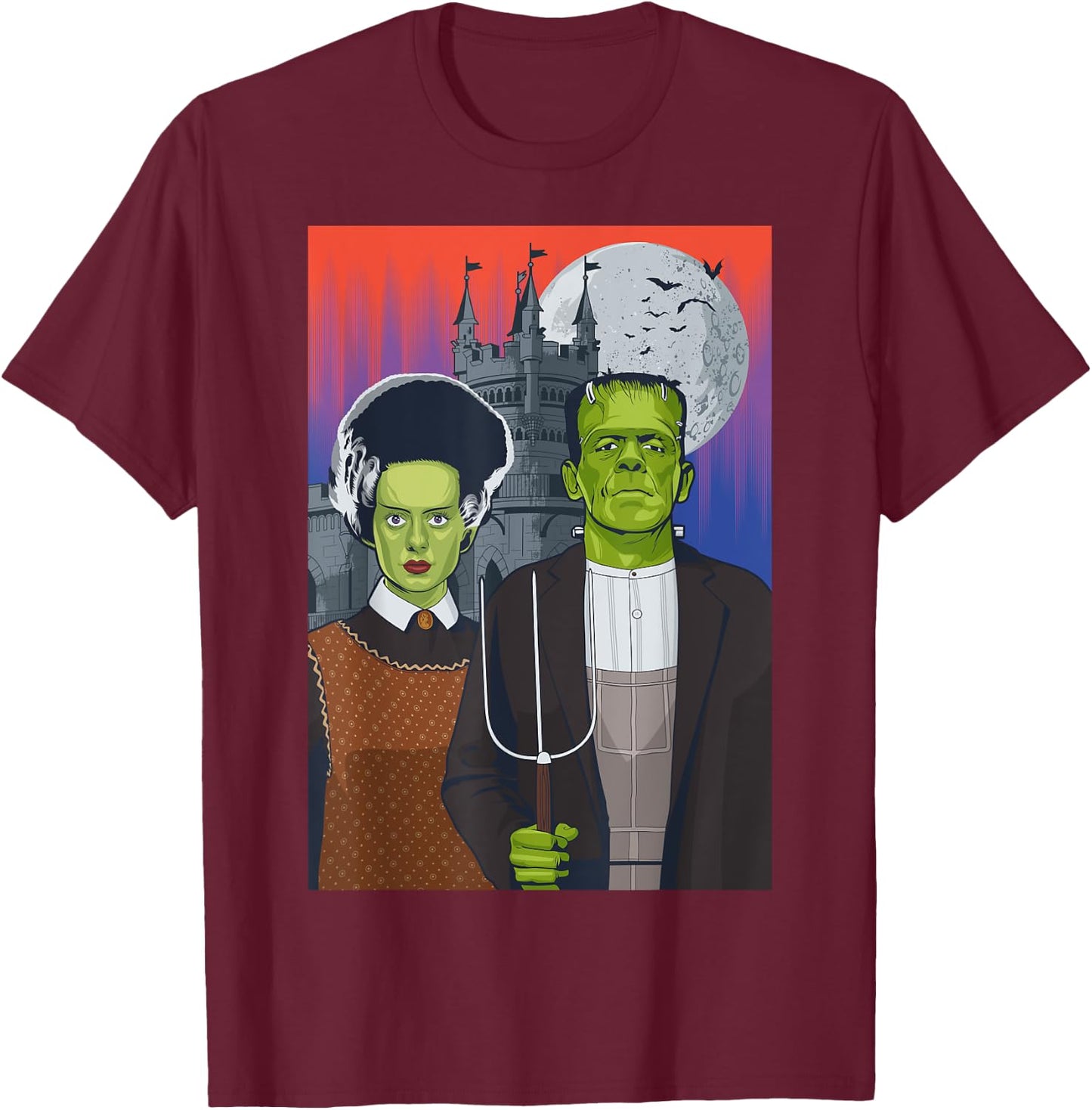 Frankenstein American Gothic Parody Halloween Monster T-Shirt - T-Shirt | Maroon