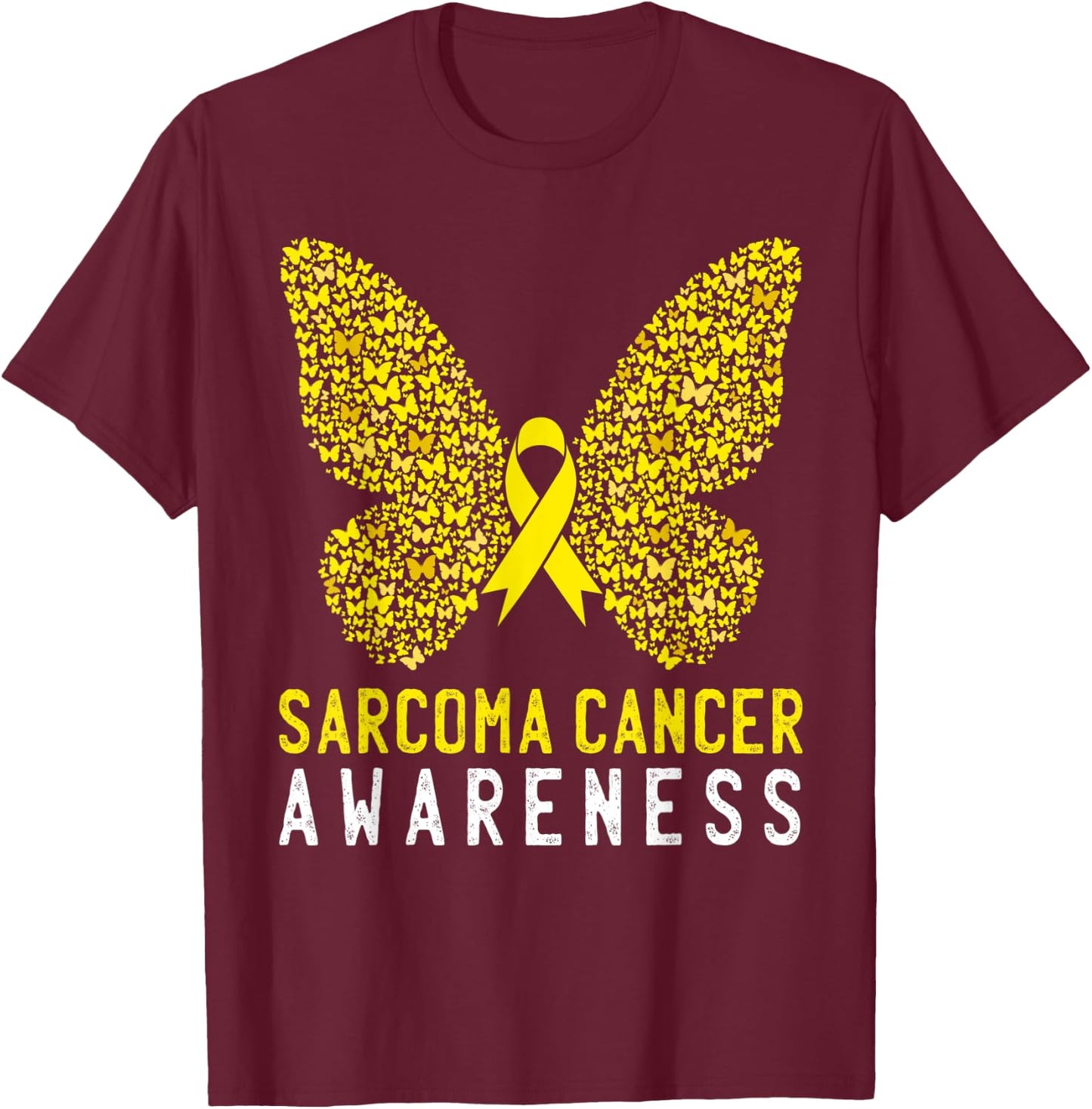 Butterfly Sarcoma Cancer Awareness Yellow Ribbon Support T-Shirt - T-Shirt | Maroon