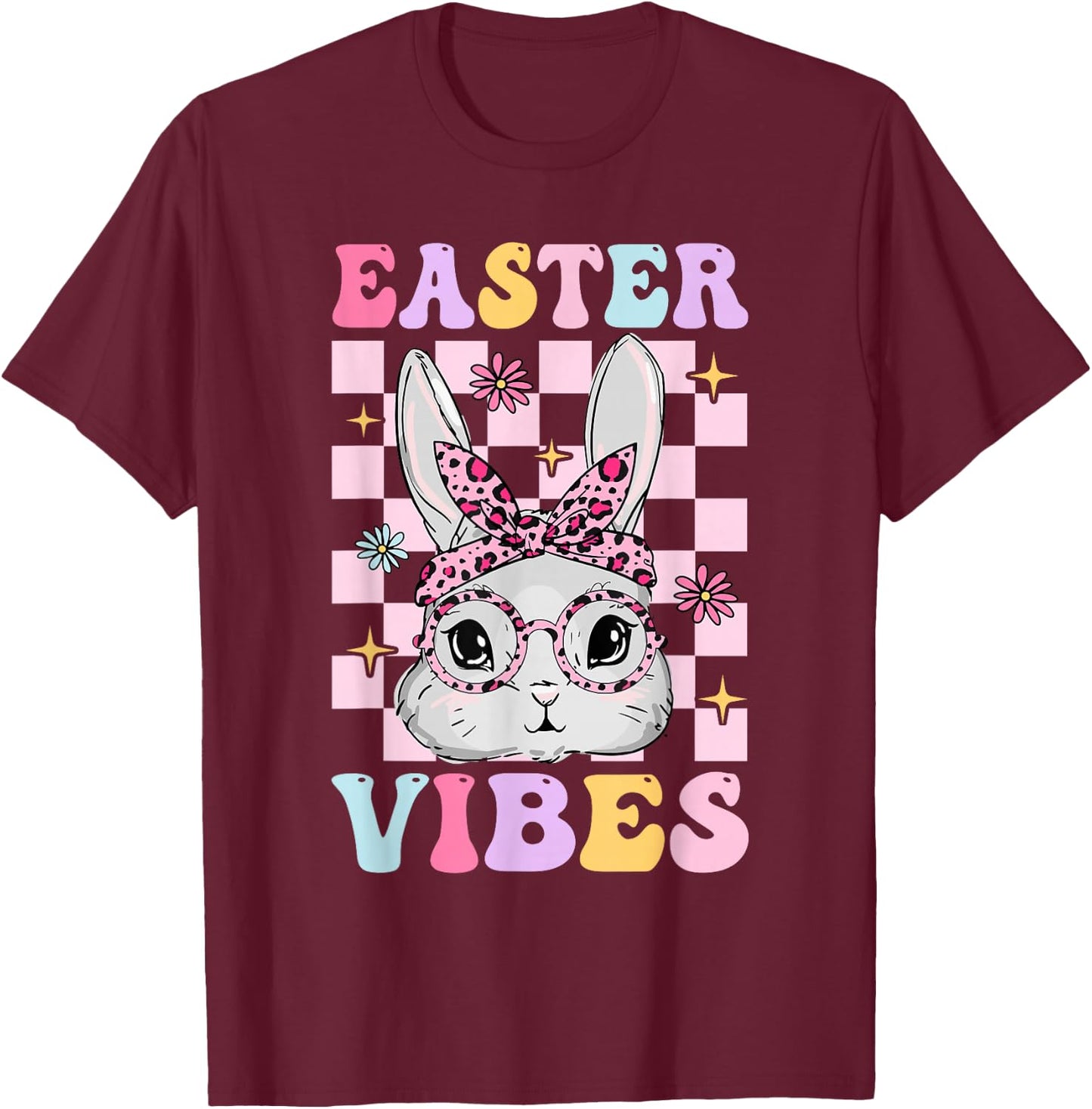 Retro Groovy Easter Vibes Bunny Checkered For Girls T-Shirt - T-Shirt | Maroon