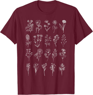 Vintage Inspired Flower Botanical Chart Naturalist T-Shirt - T-Shirt | Maroon