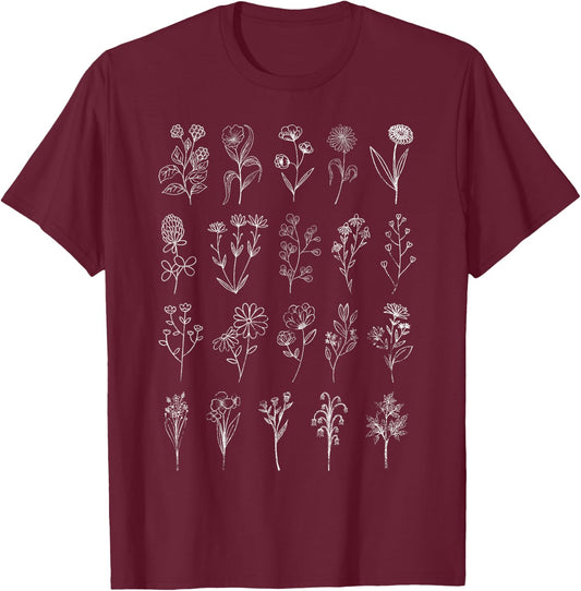 Vintage Inspired Flower Botanical Chart Naturalist T-Shirt - T-Shirt | Maroon