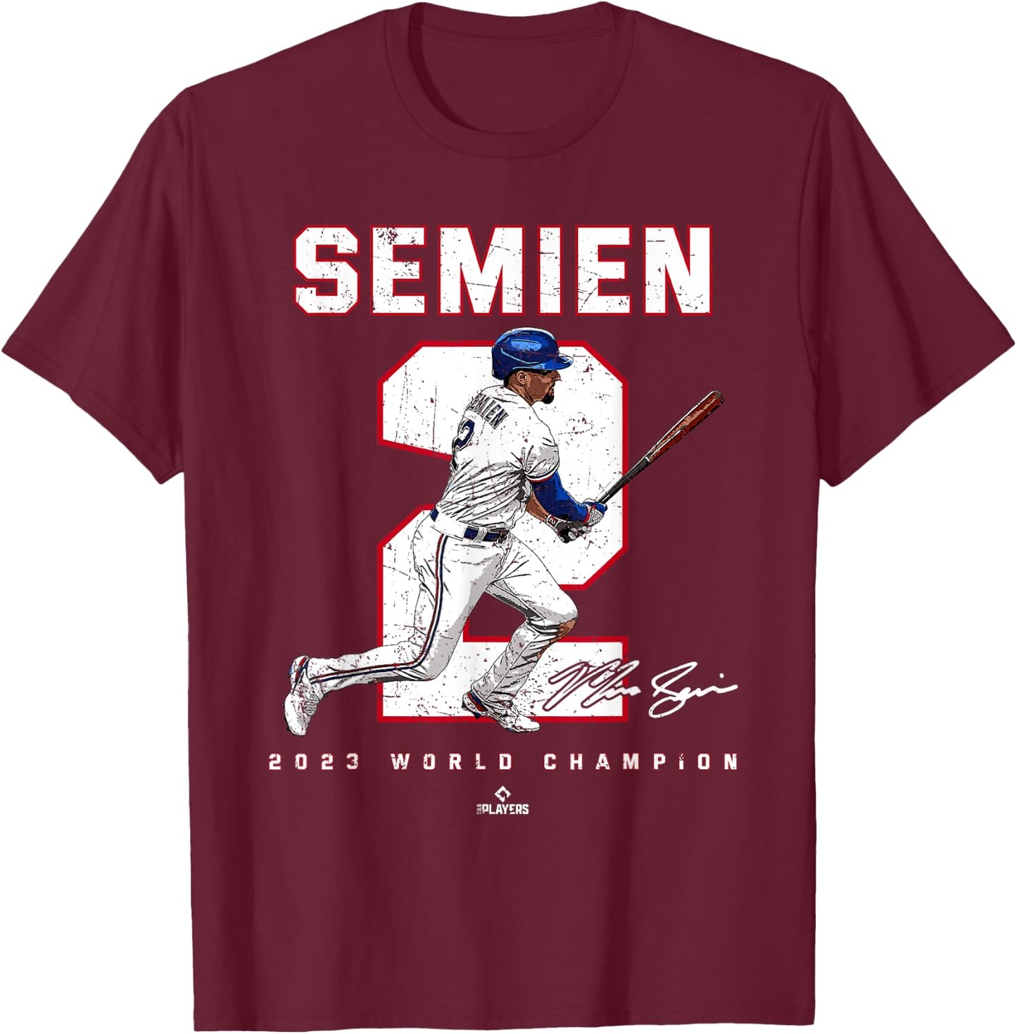 Player Number 2023 World Champion Marcus Semien Texas MLBPA T-Shirt - T-Shirt | Maroon