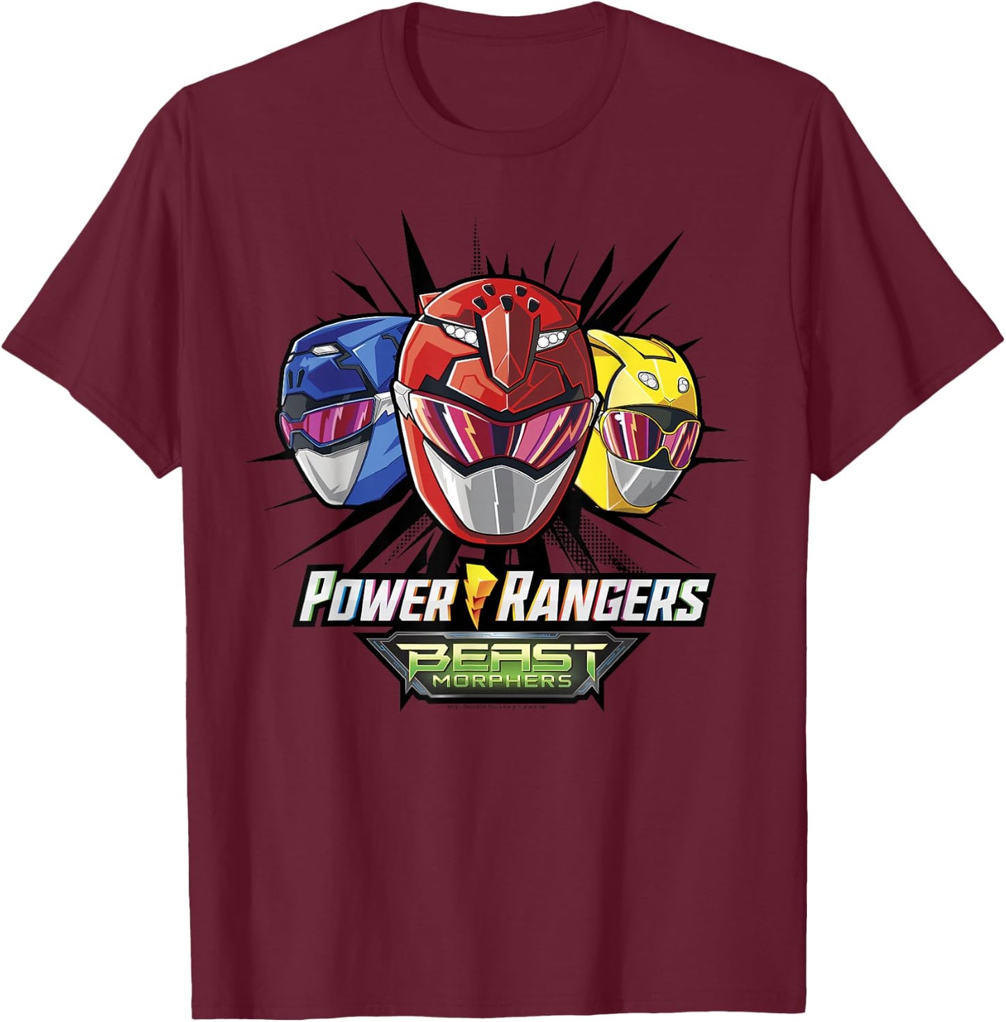 Power Rangers Group Shot Beast Morphers Helmets T-Shirt - T-Shirt | Maroon