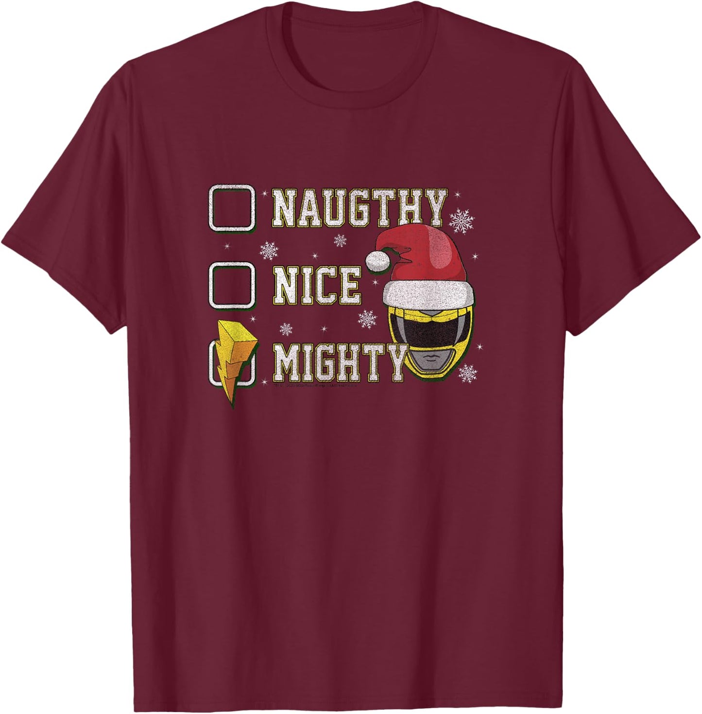 Power Rangers Christmas Naughty Nice Mighty Yellow Ranger T-Shirt - T-Shirt | Maroon