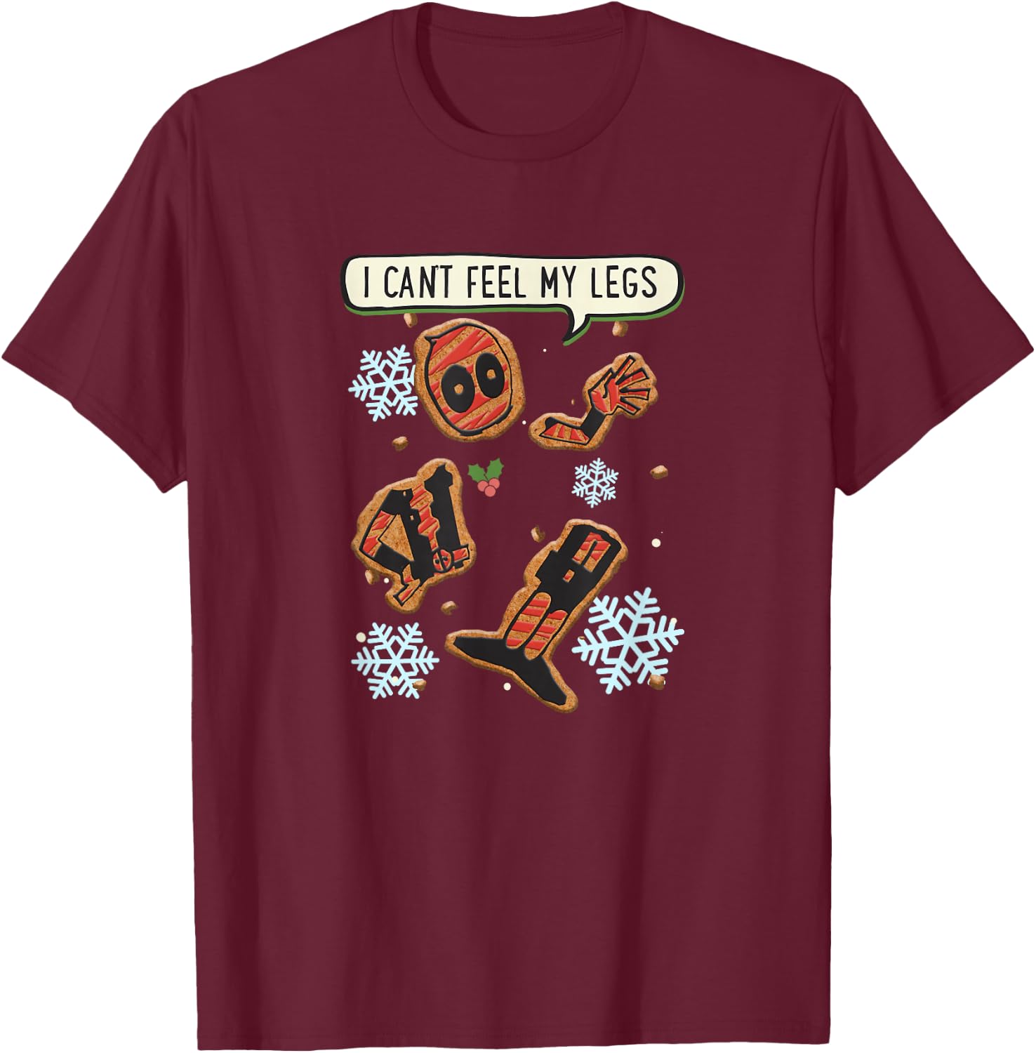 Marvel Christmas Deadpool Gingerbread Cookie Can't Feel Legs T-Shirt - T-Shirt | Maroon