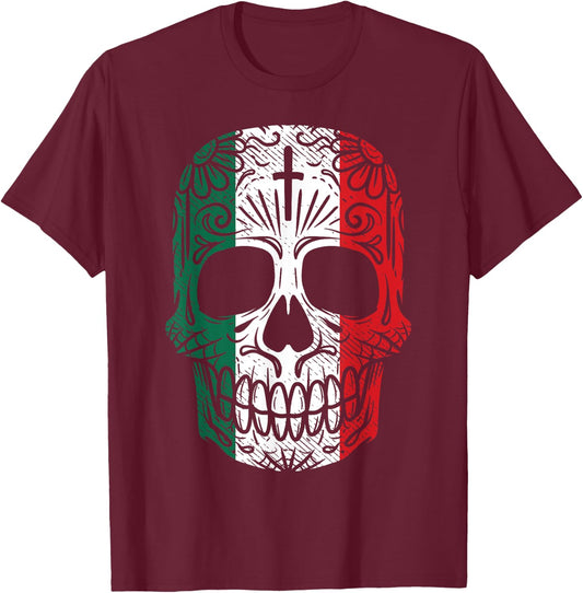 Sugar Skull Mexican Flag Cinco De Mayo Dia De Los Muertos T-Shirt - T-Shirt | Maroon