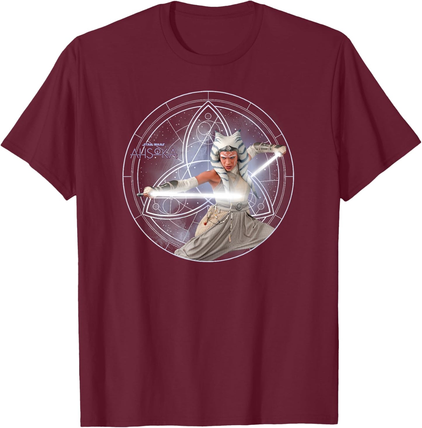 Star Wars Ahsoka Part 5 White Costume Lightsabers & Star Map T-Shirt - T-Shirt | Maroon