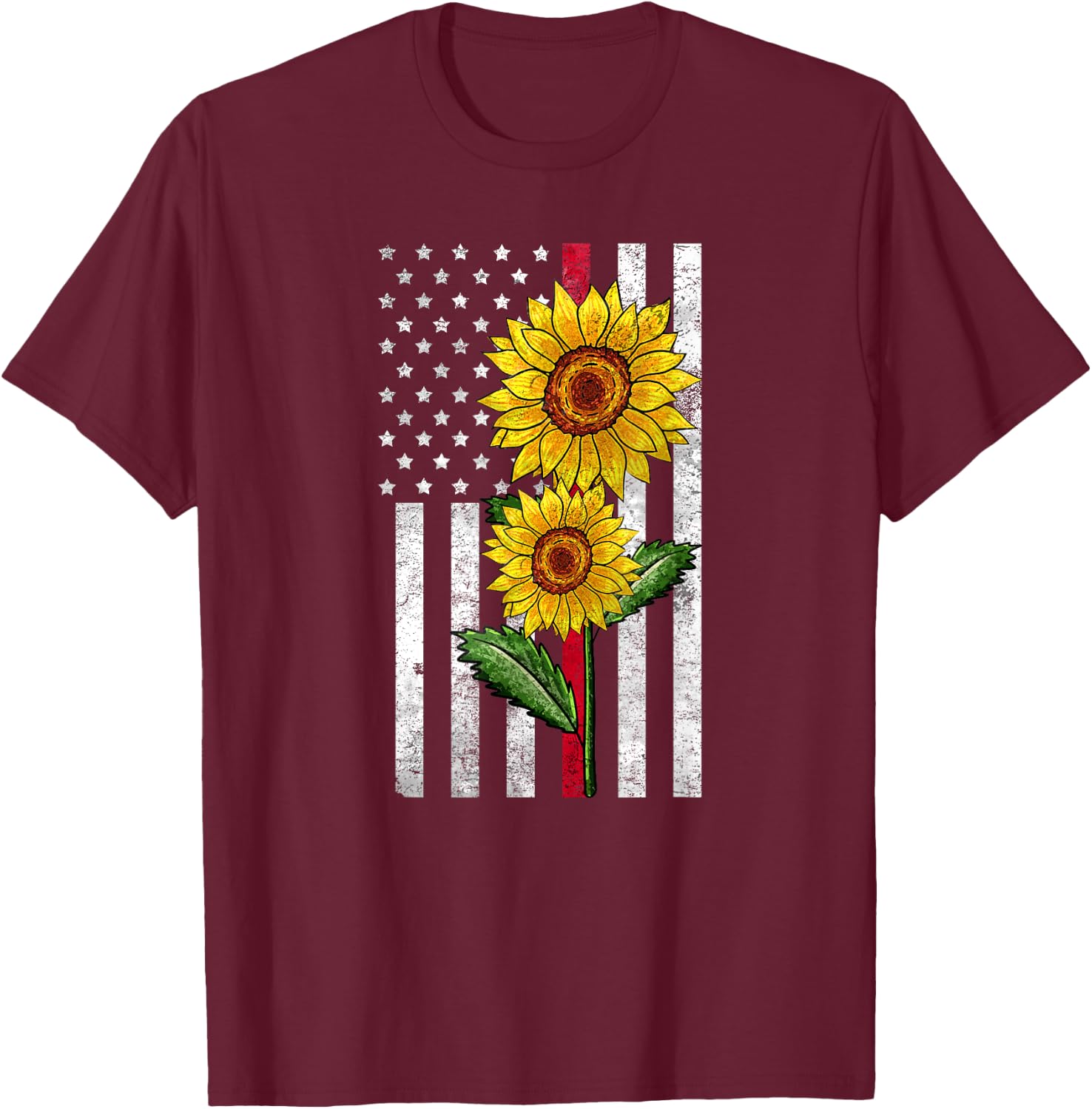 Sunflower Thin Red Line USA American Flag Firefighter Wife T-Shirt - T-Shirt | Maroon