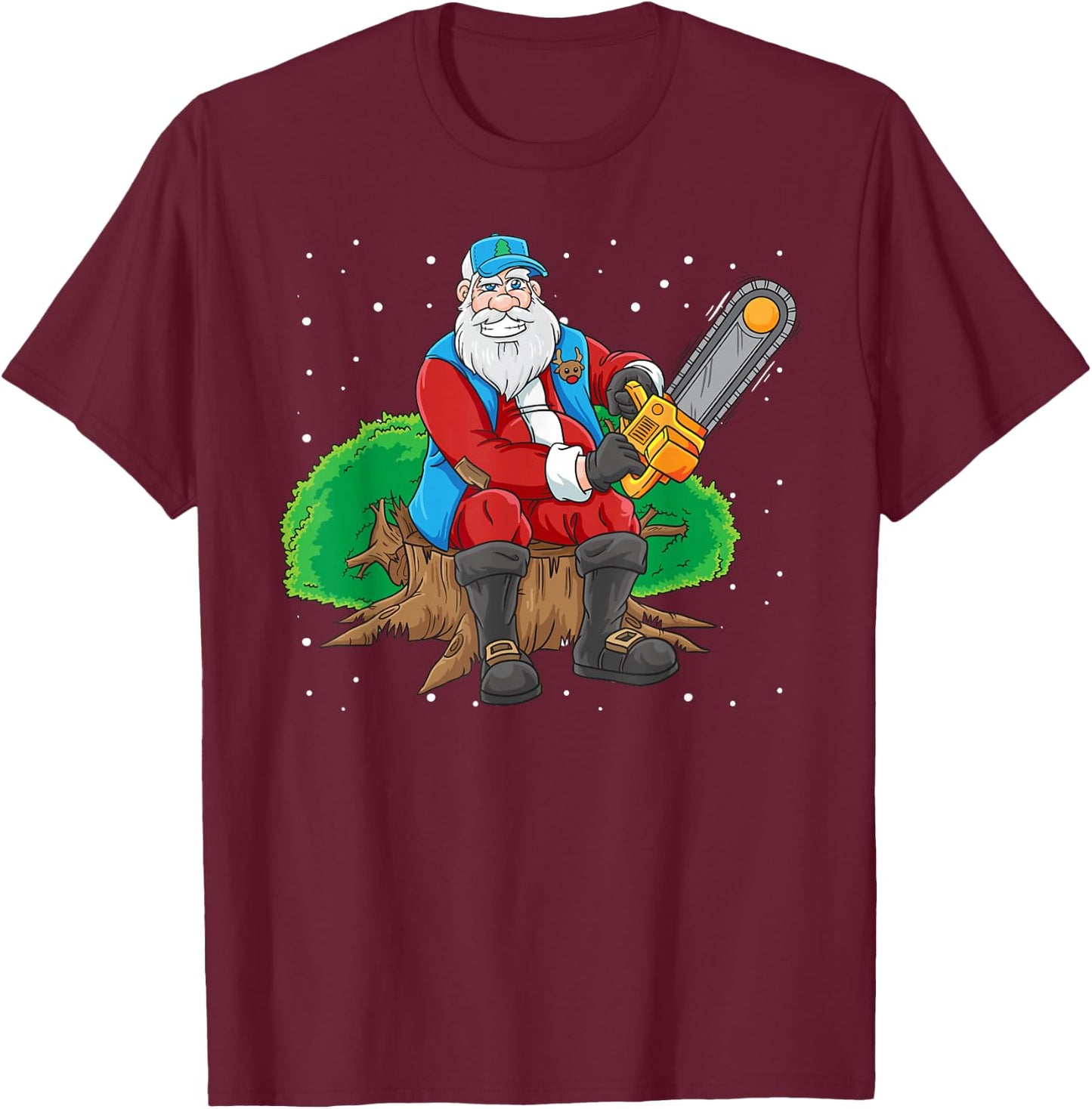 Lumberjack Santa Claus Christmas Chain Saw T-Shirt - T-Shirt | Maroon