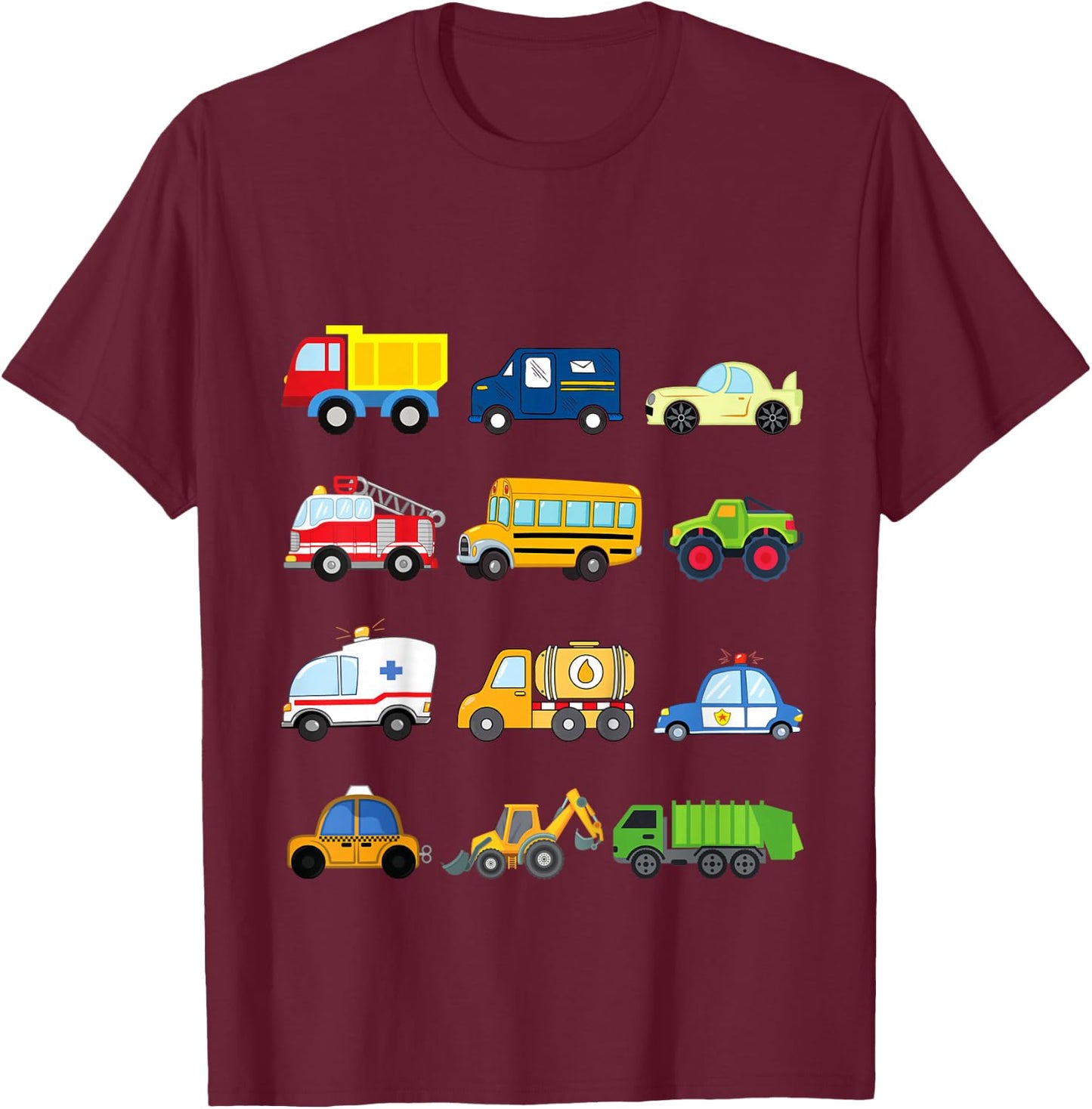 Kids Cars and Trucks and Things That Go Places Toddler Little Boy T-Shirt - T-Shirt | Maroon