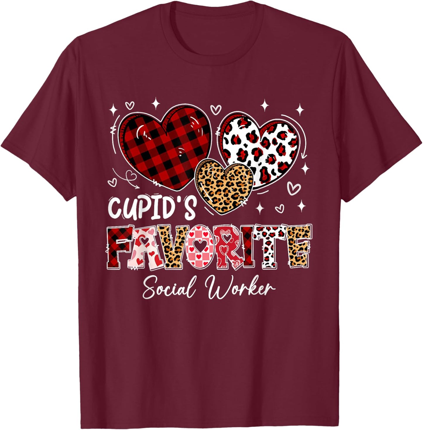 Three Hearts Cupid's Favorite Social Worker Valentine T-Shirt - T-Shirt | Maroon