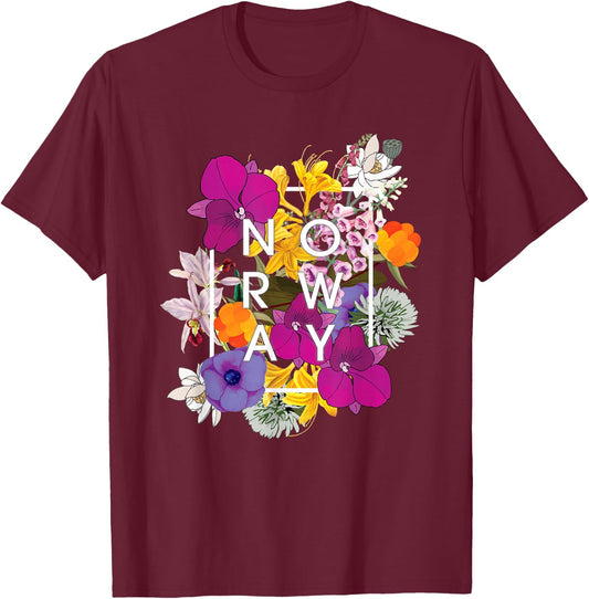 Flowers of Norway Word Art - Norwegian Pride T-Shirt - T-Shirt | Maroon