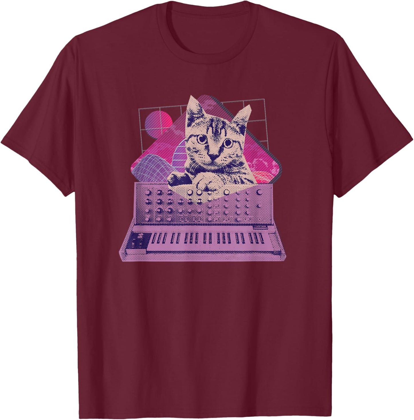 Retro Synthesizer Cat Vaporwave Aesthetic Analog T-Shirt - T-Shirt | Maroon