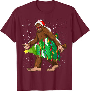 Bigfoot Christmas Santa Hat Xmas Tree Men Women Kids Pajama T-Shirt - T-Shirt | Maroon