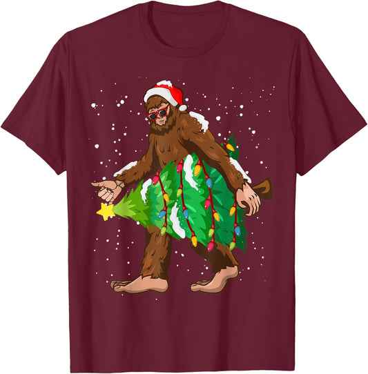 Bigfoot Christmas Santa Hat Xmas Tree Men Women Kids Pajama T-Shirt - T-Shirt | Maroon