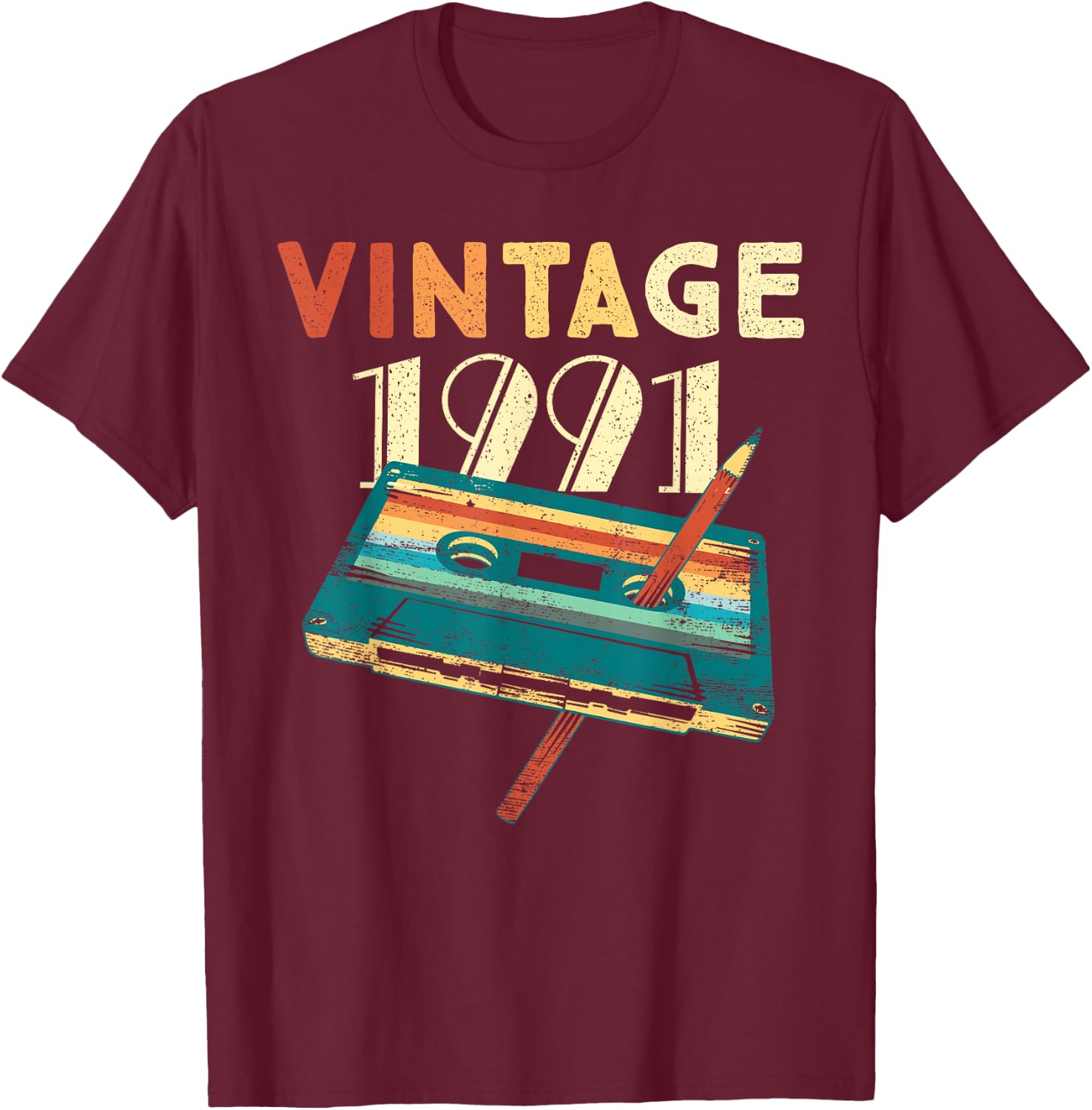 Vintage 1991 Music Cassette 34th Birthday Gifts 34 Years Old T-Shirt - T-Shirt | Maroon