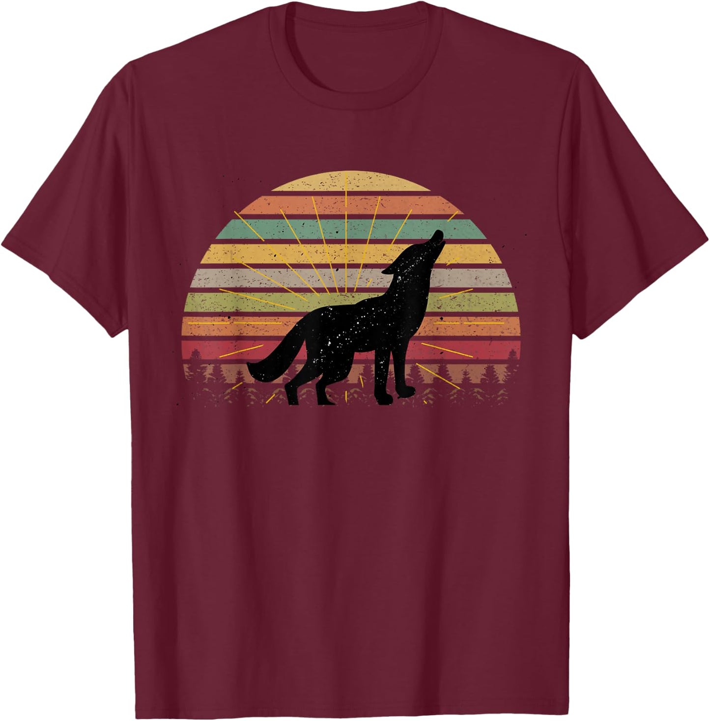 Vintage Retro Silhouette Wolves Wolf Howling At Moon T-Shirt - T-Shirt | Maroon