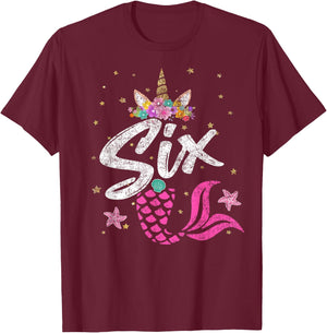 6th Birthday Girl Unicorn Shirt Mermaid Tail 6 Years Old T-Shirt - T-Shirt | Maroon
