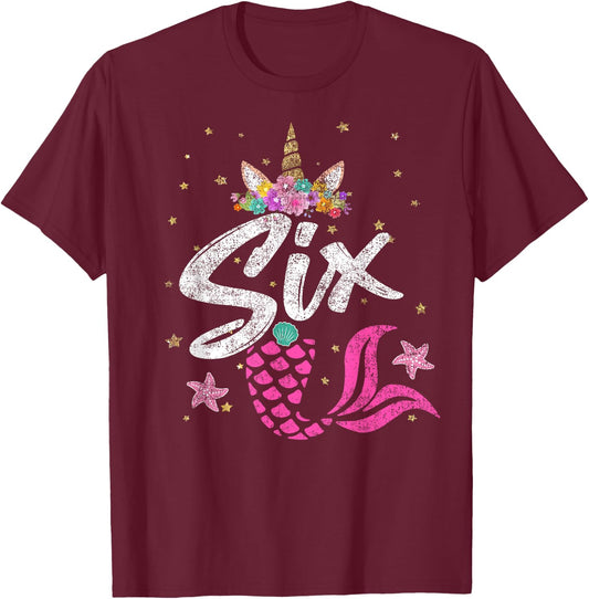 6th Birthday Girl Unicorn Shirt Mermaid Tail 6 Years Old T-Shirt - T-Shirt | Maroon
